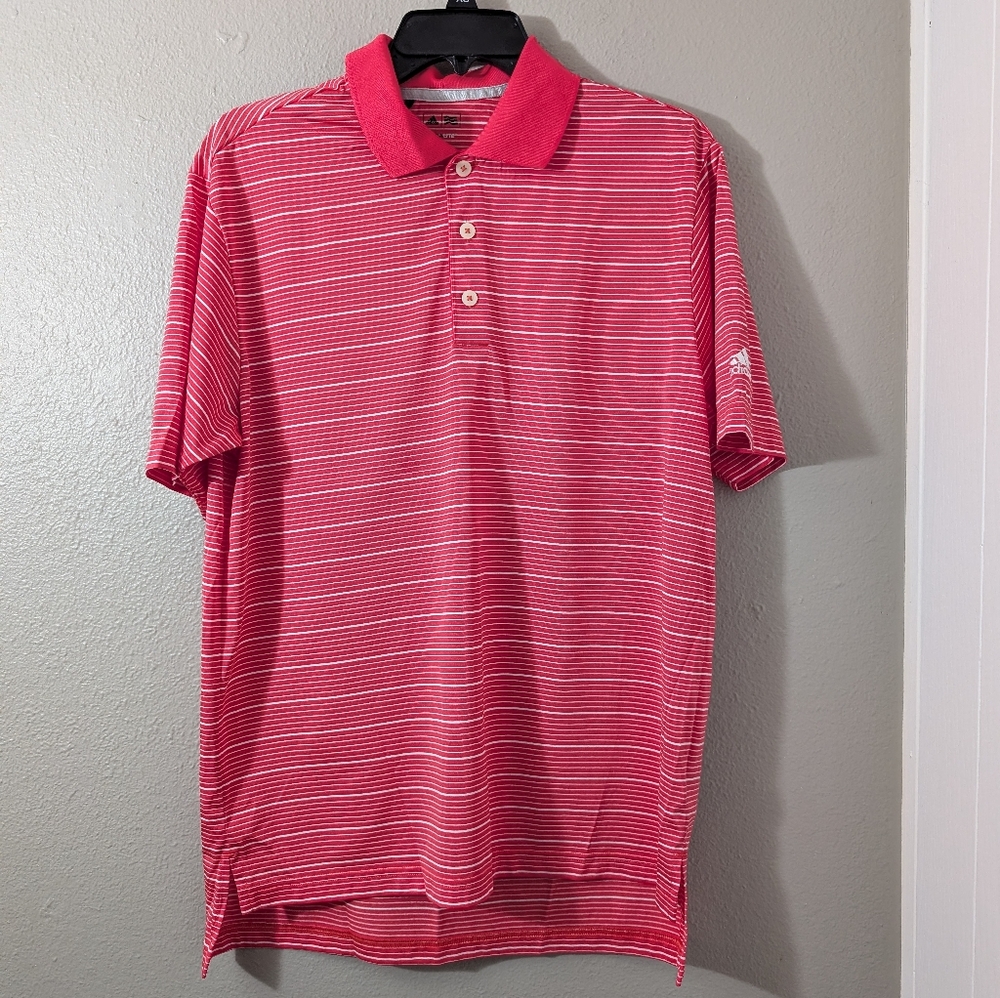 Adidas Red and White Striped Polo Shirt Climalite Golf shirt